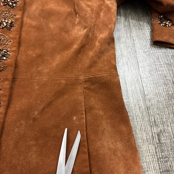 Hot in Hollywood Suede Leather Beaded Floral Embellished Long Jacket - Picture 9 of 11